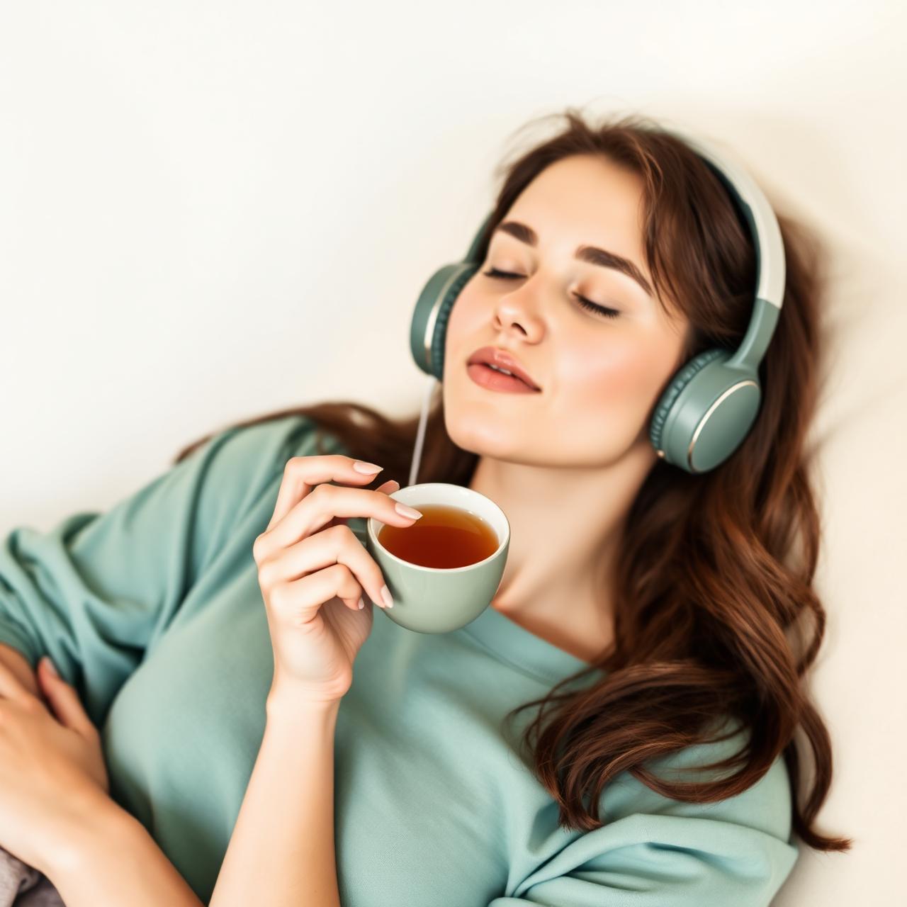 Mujer relajada con audífonos disfrutando una taza de té